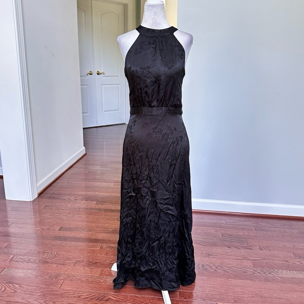 The Loft High Neck Elegant Feminine Embossed Floral Black Tie Cocktail Dress
